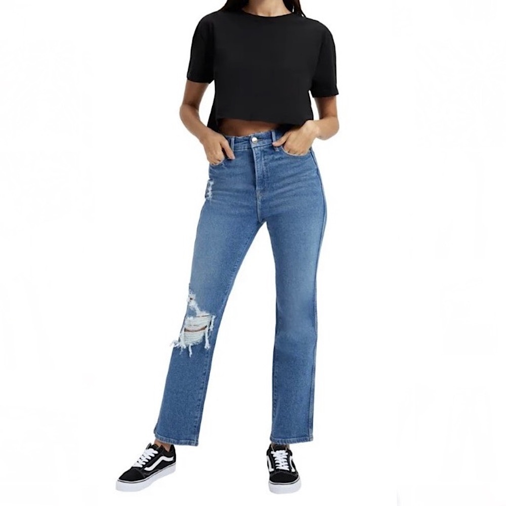 Good American Good Curve High Waist Distressed Straight Leg Jeans